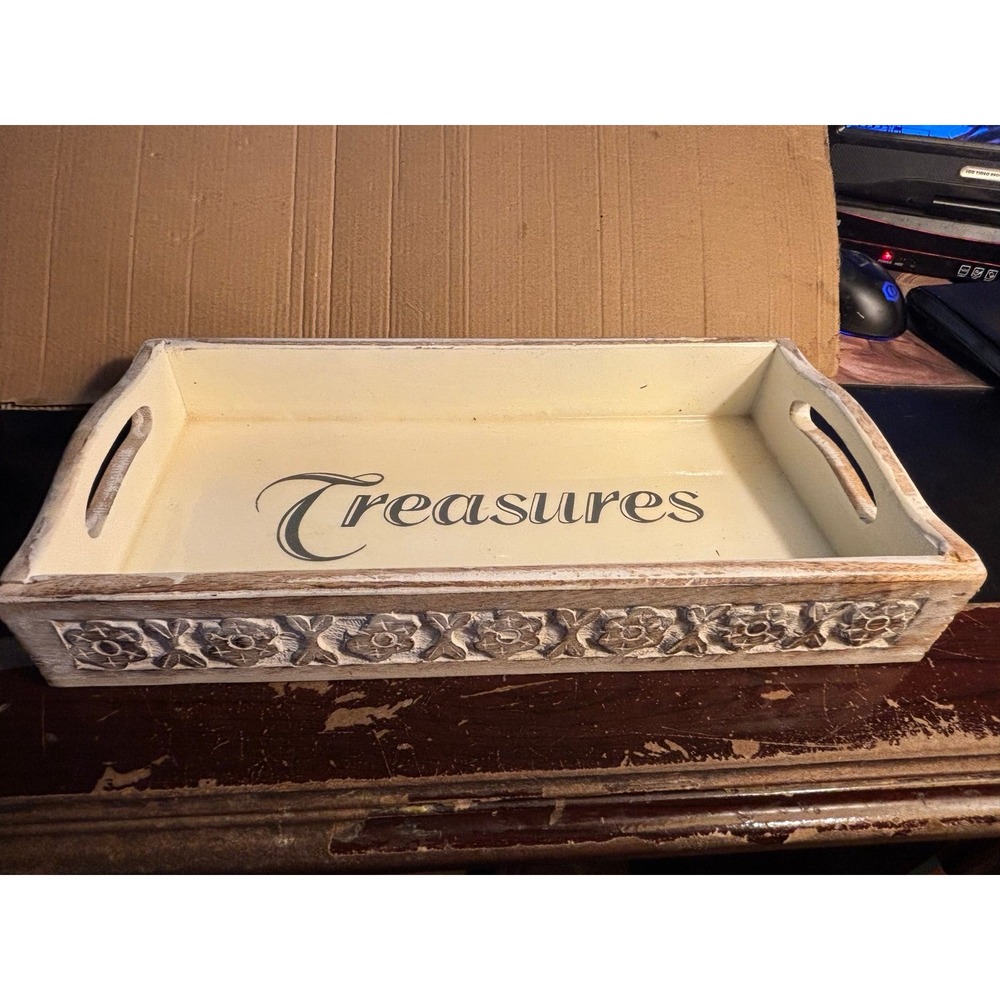 Hand Carved Decorative Wood Jewelry Tray "Treasures" Display Rectangle 14 x 7"